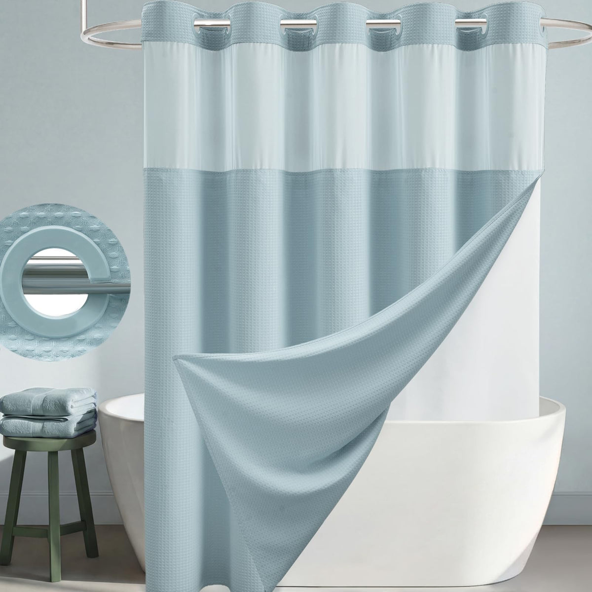 Dynamene Ringless Waffle Weave Fabric Shower Curtain Set, Black, 72"x75"