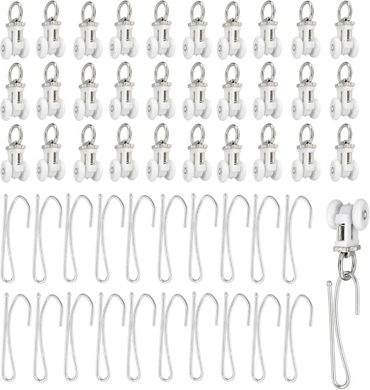 100 Pcs Curtain Track Roller and Hooks, Dual Wheel Roller Carrier Ceiling Mount Gliders, Stainless Steel Drapery Hooks for Ceiling Mounted Shower Curtains, Drapes, Room Dividers, RV, Closet