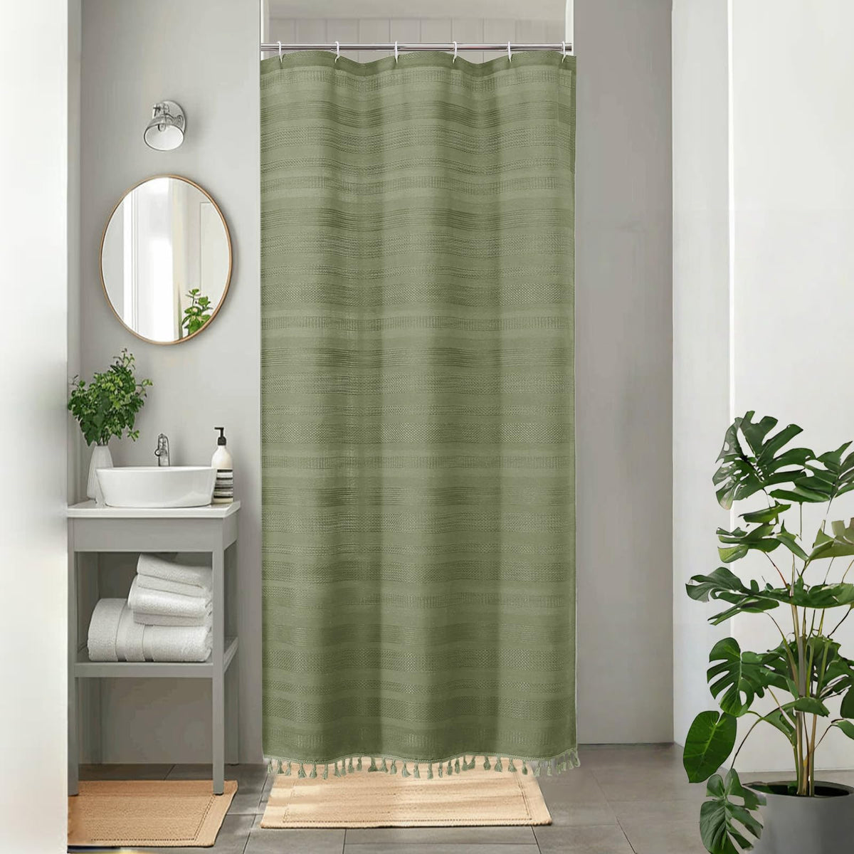 OVZME Natural Linen Shower Curtain for Bathroom, Boho Farmhouse Rustic Striped Shower Curtain with Tassel, Textured Heavy Duty Vintage Country Bathroom Curtain, 72Wx72L Inches