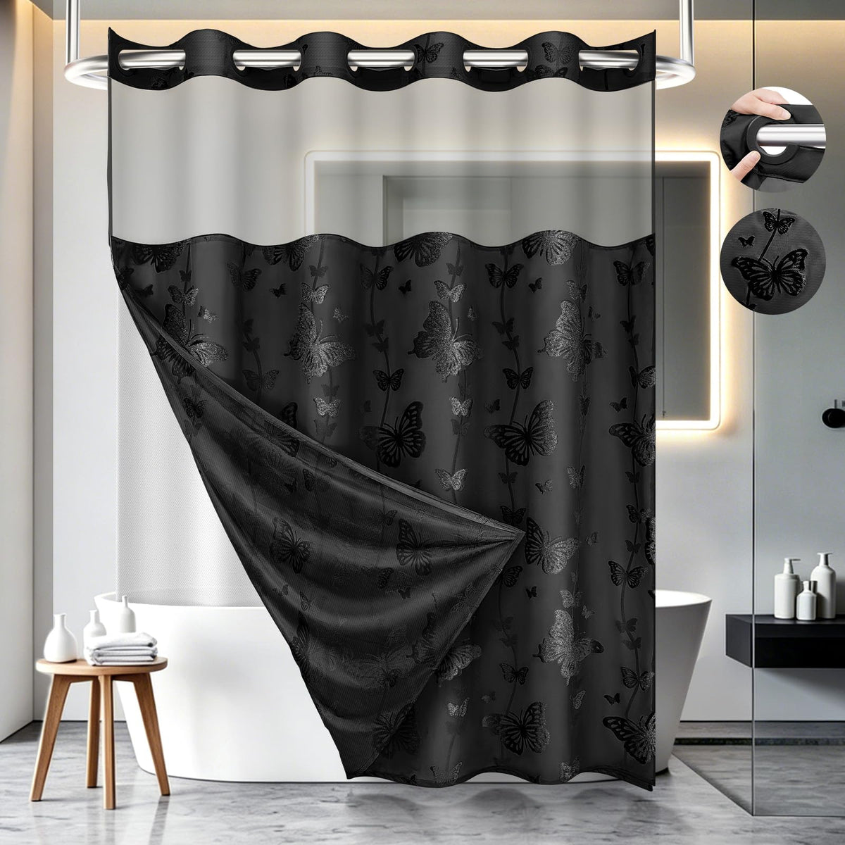 FADOTY Black No Hook Shower Curtain Set with Snap in Liner, 71'' x 74''