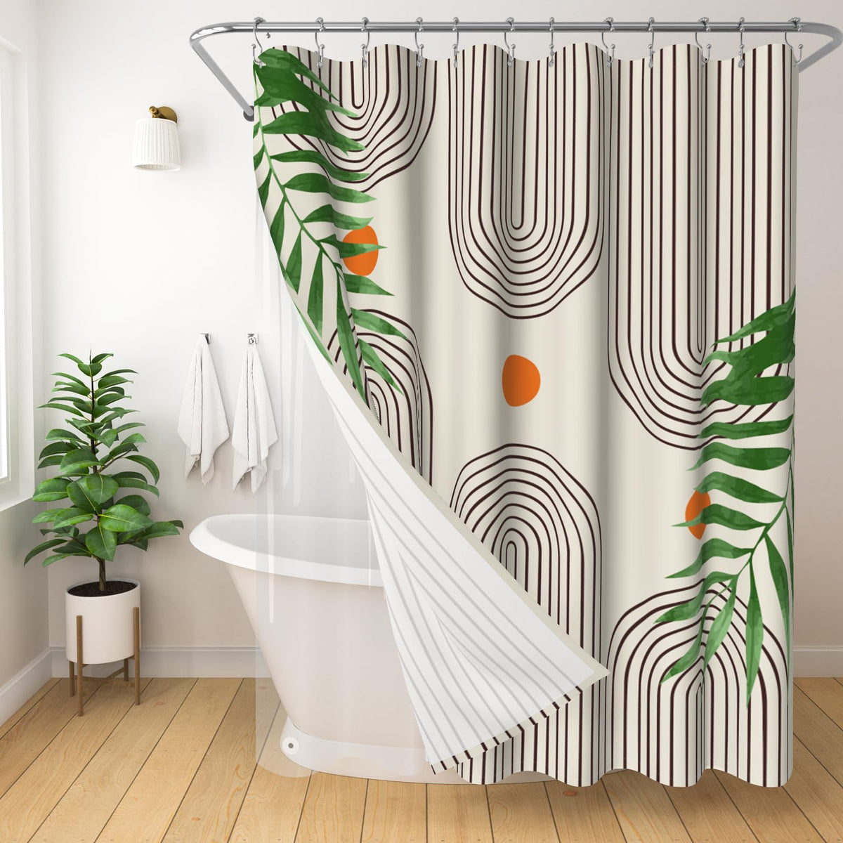 Boho Mid Century Shower Curtain, Modern Abstract with Hooks 72x72