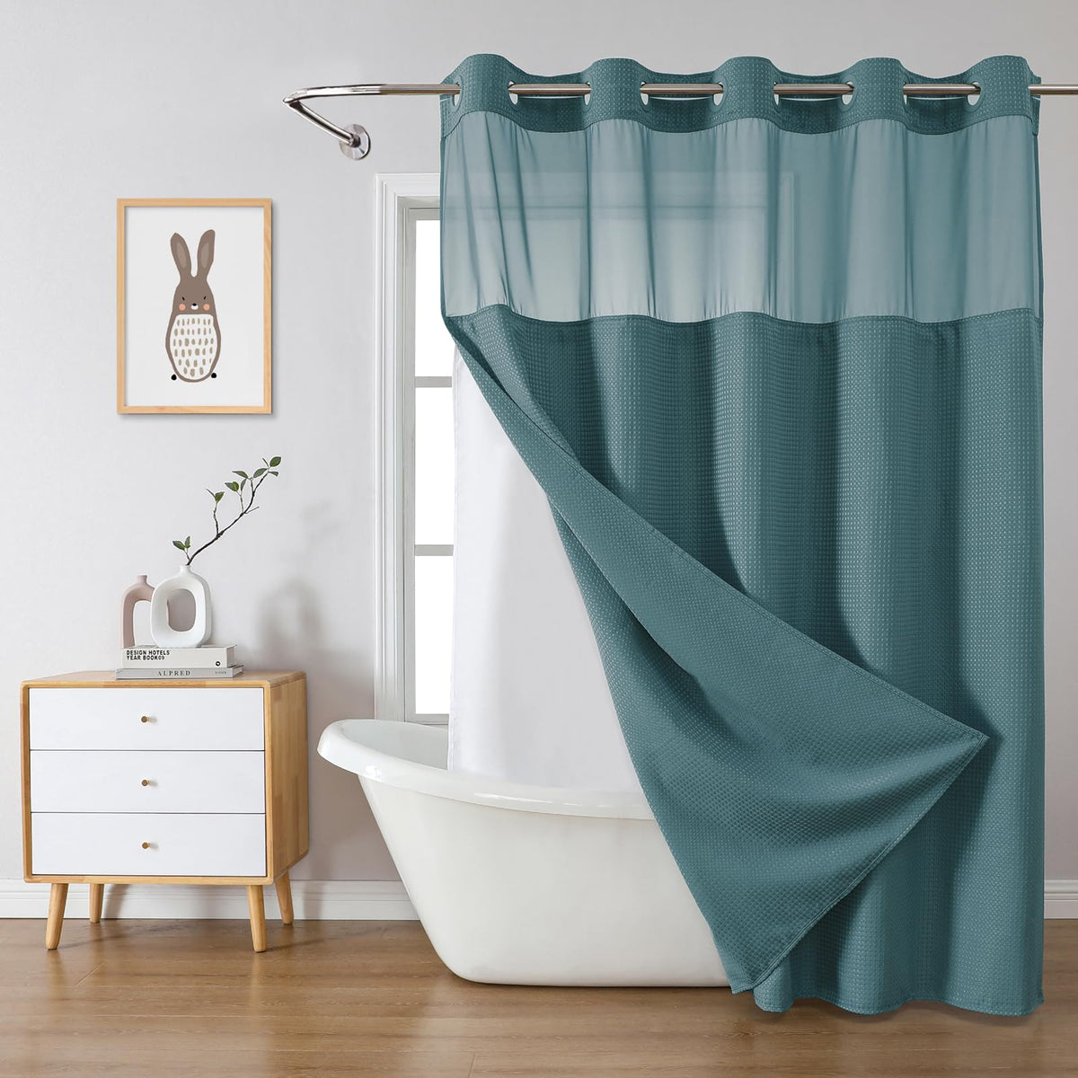 eachope No Hook Waffle Shower Curtain with Snap-in Liner, 71x74 Inch, Grey
