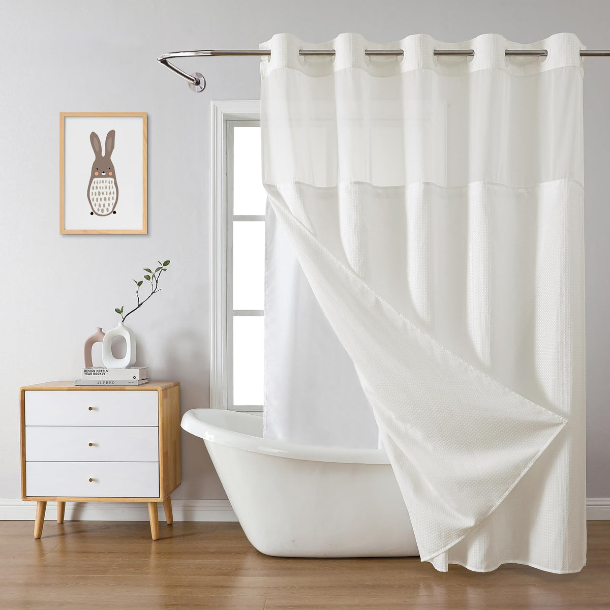 eachope No Hook Waffle Shower Curtain with Snap-in Liner, 71x74 Inch, Grey