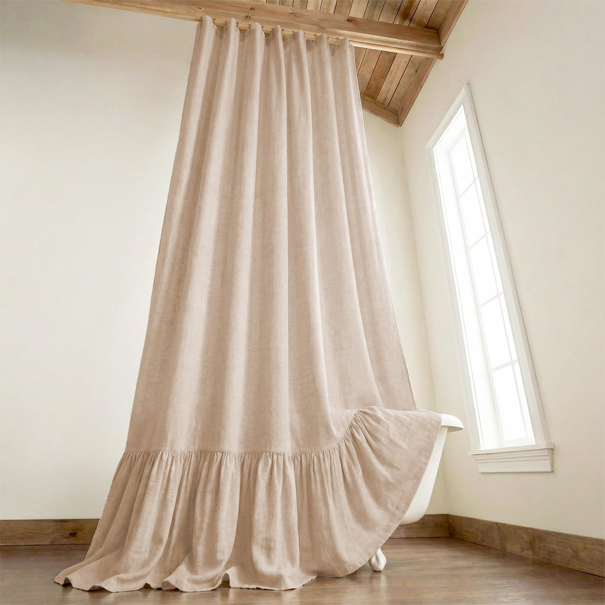Farmhouse Shower Curtain Ruffle Linen Cream-Green Stripe 72"W x 72"L
