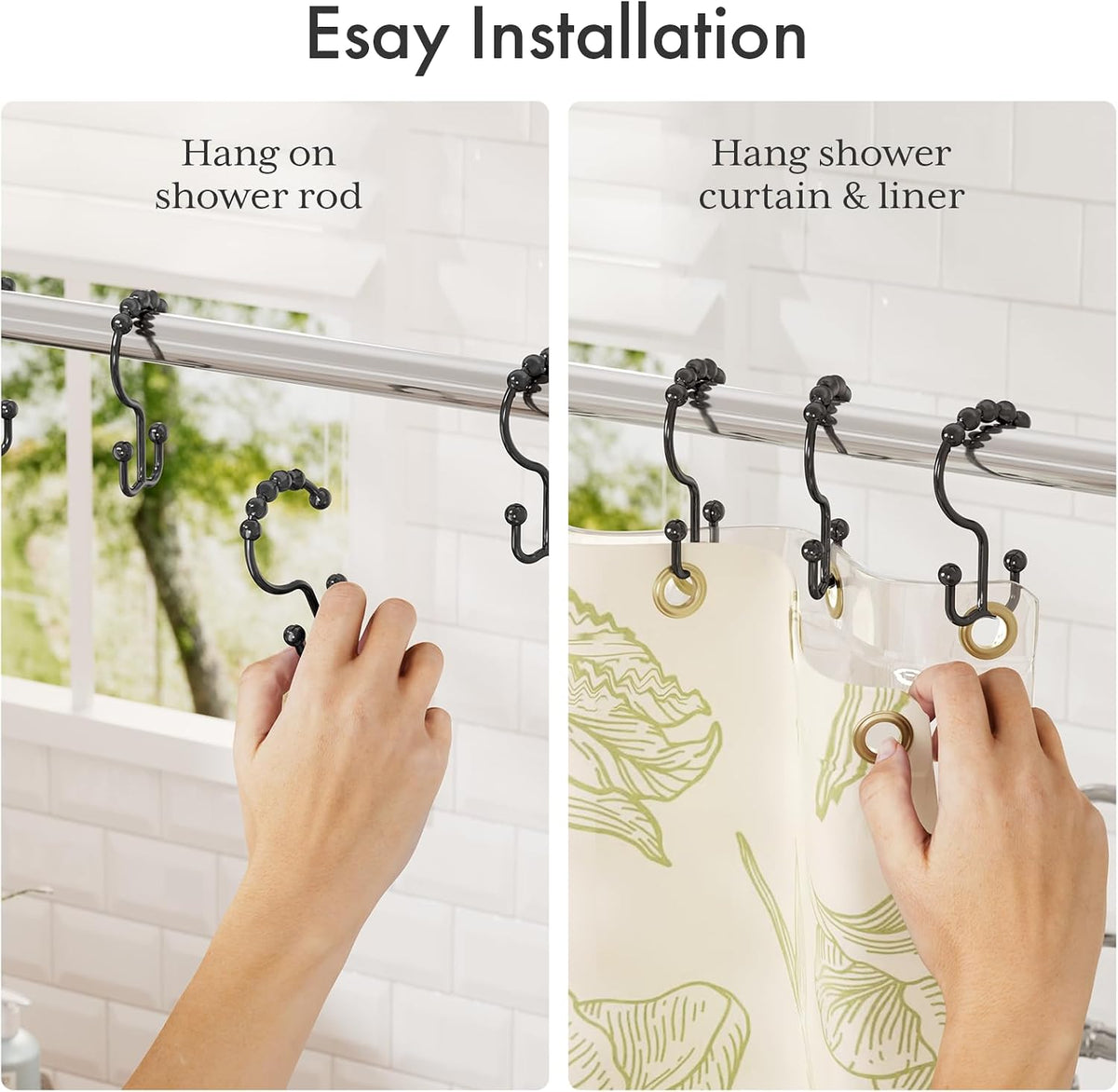 Amazer Plastic Shower Curtain Hooks, Black Shower Curtain Rings, 12Pcs Shower Hooks for Shower Curtain, Double Shower Rings, Bathroom