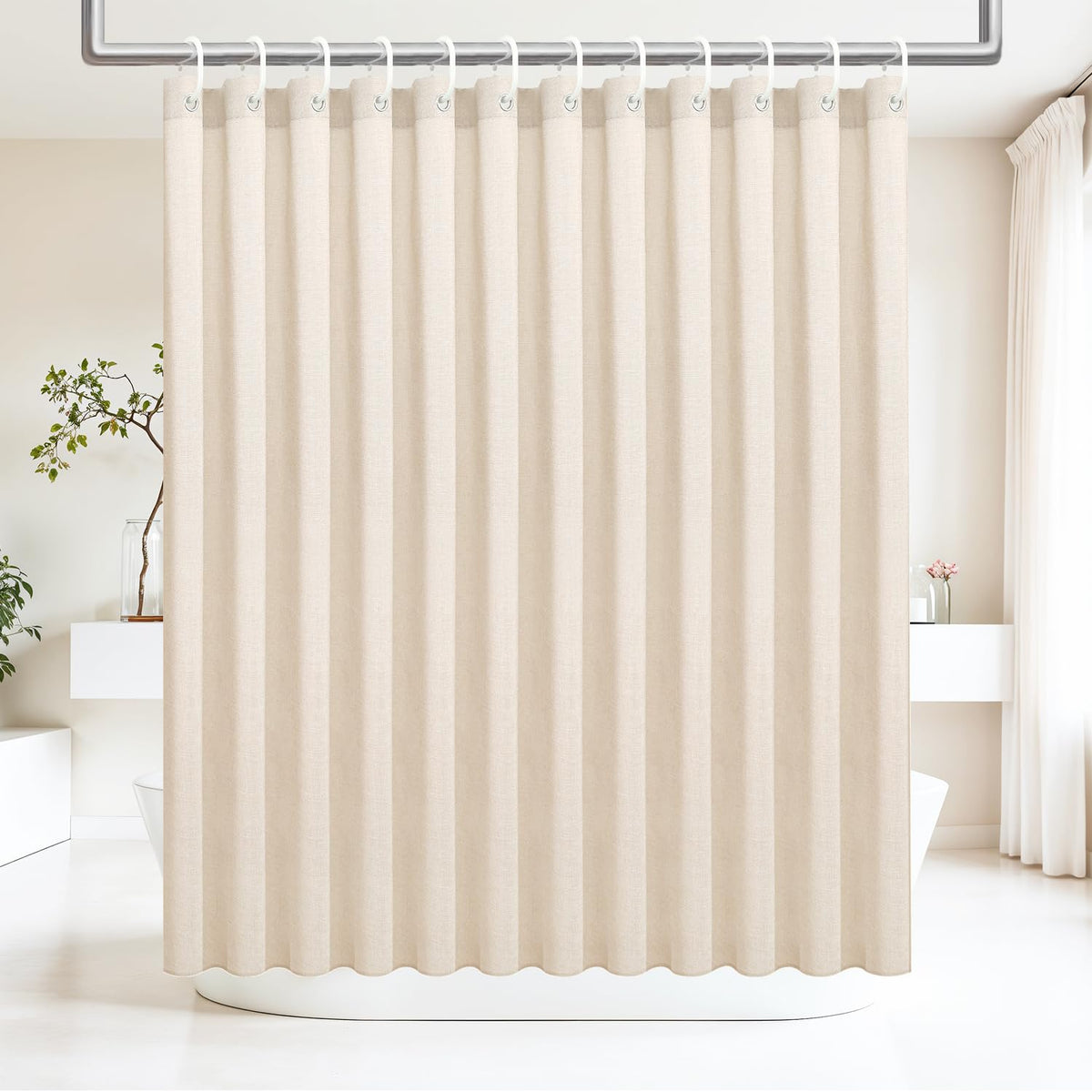 Ga-Geetopia Linen Textured Shower Curtain Set with Hooks, Boho Farmhouse Bath Shower Curtains for Beige Bathroom Neutral Cloth, Hotel Luxury, Weighted Hem, 72W x 72L, Cream