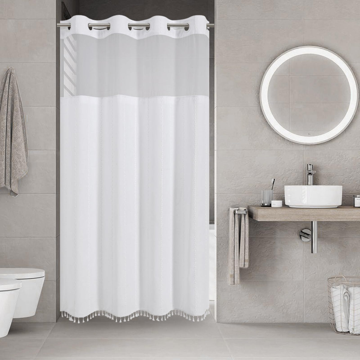 eachope Boho Farmhouse No Hook Shower Curtain Set with Snap-in Fabric Liner,Heavy-Duty Linen Textured Rustic Striped Design,Water-Repellent with Tassels and Sheer Window,Tan/Taupe,71x74