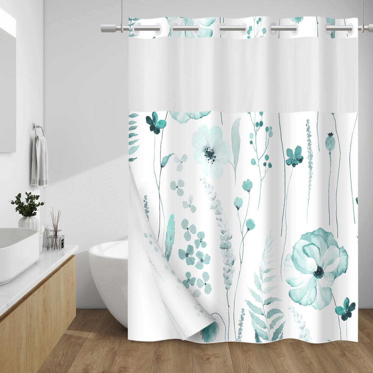 WITHLOC Hook Free Floral Shower Curtain with Liner, Blue Beige, 71x74