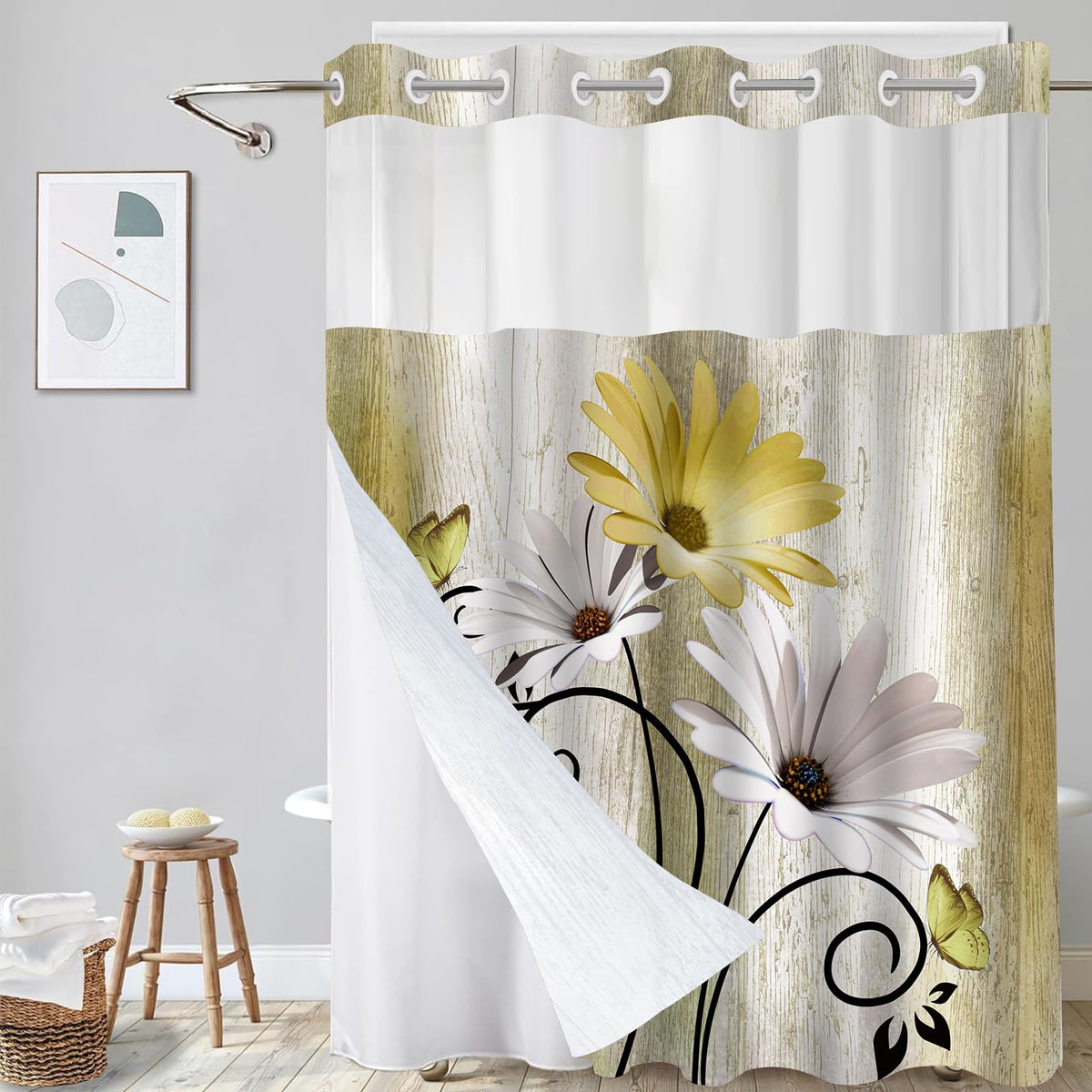 Hookless Shower Curtain with Snap in Liner, Blue Colorful Floral, 72W x 75L