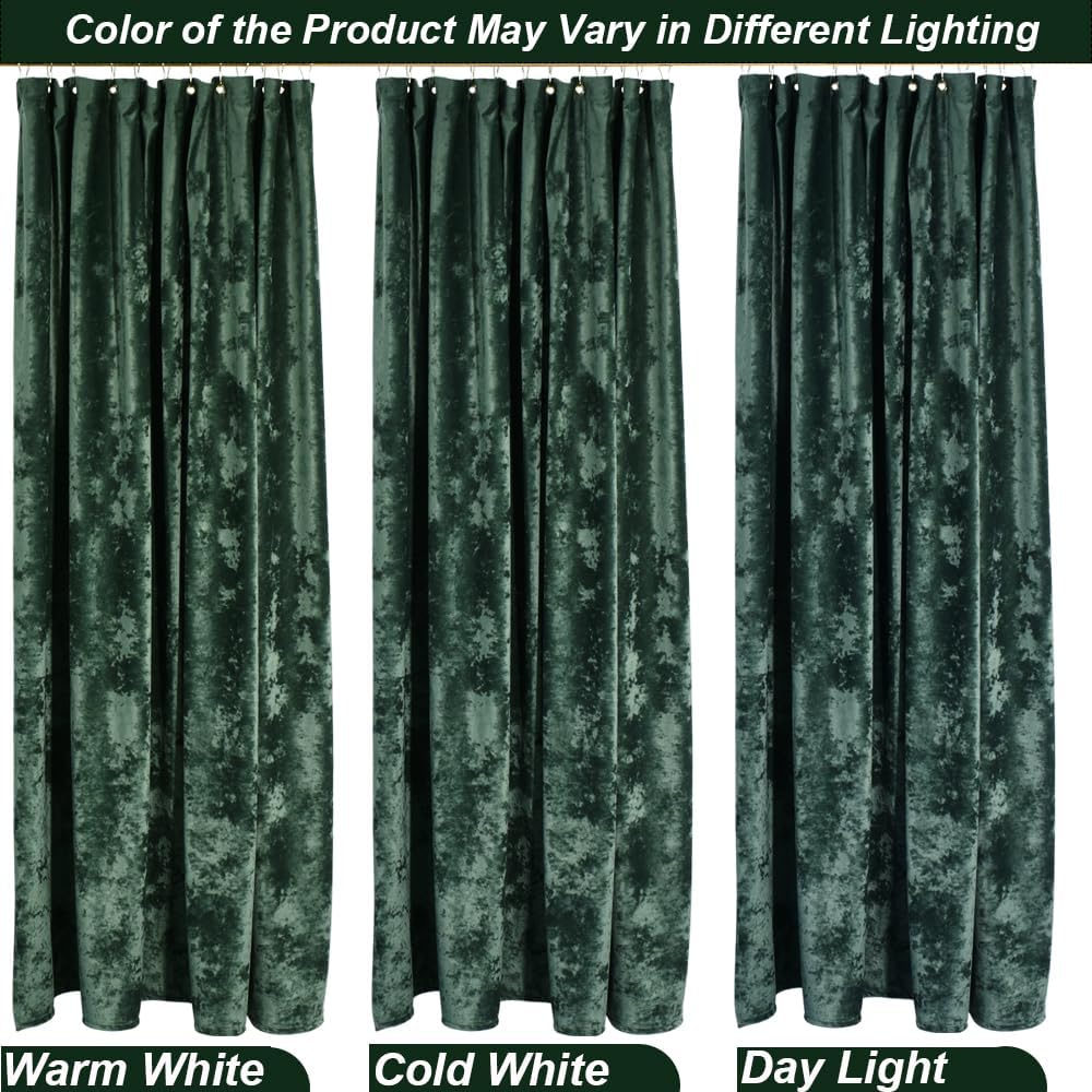 TAMGHO Crushed Velvet Shower Curtain, Dark Green Luxury Shower Curtain with Gold Decro Metal Hooks, Machine Washable Thick Fabric Bathroom Curtain, 72x72