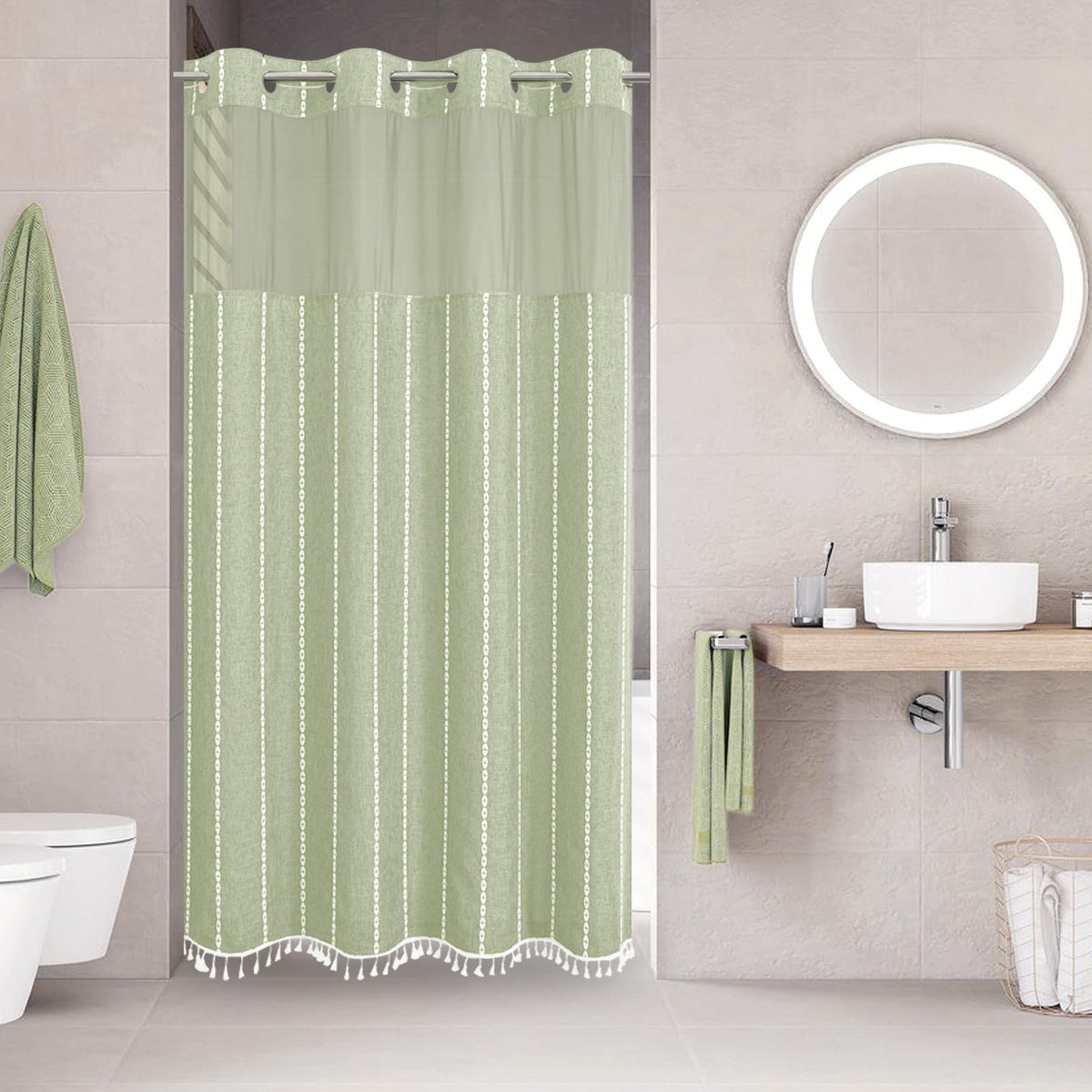 eachope Boho Farmhouse No Hook Shower Curtain Set with Snap-in Fabric Liner,Heavy-Duty Linen Textured Rustic Striped Design,Water-Repellent with Tassels and Sheer Window,Tan/Taupe,71x74