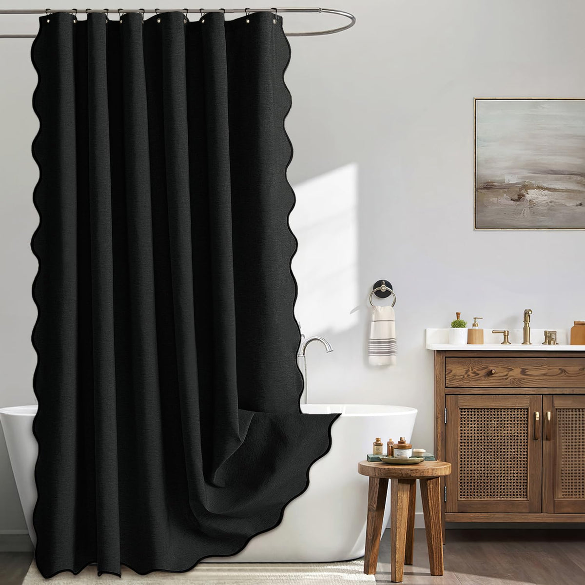 MIULEE Beige Scalloped Shower Curtain Linen Textured with 12 Metal Hooks Cute Heavy Duty Washable Waterproof Neutral Thick Cloth Shower Curtains with Black Border for Bathroom Bathtub,W72*L72 Cream