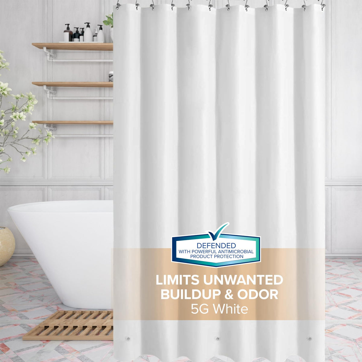 SlipX Solutions Protected Shower Curtain Liner, 3G Lightweight, 70"x72", White