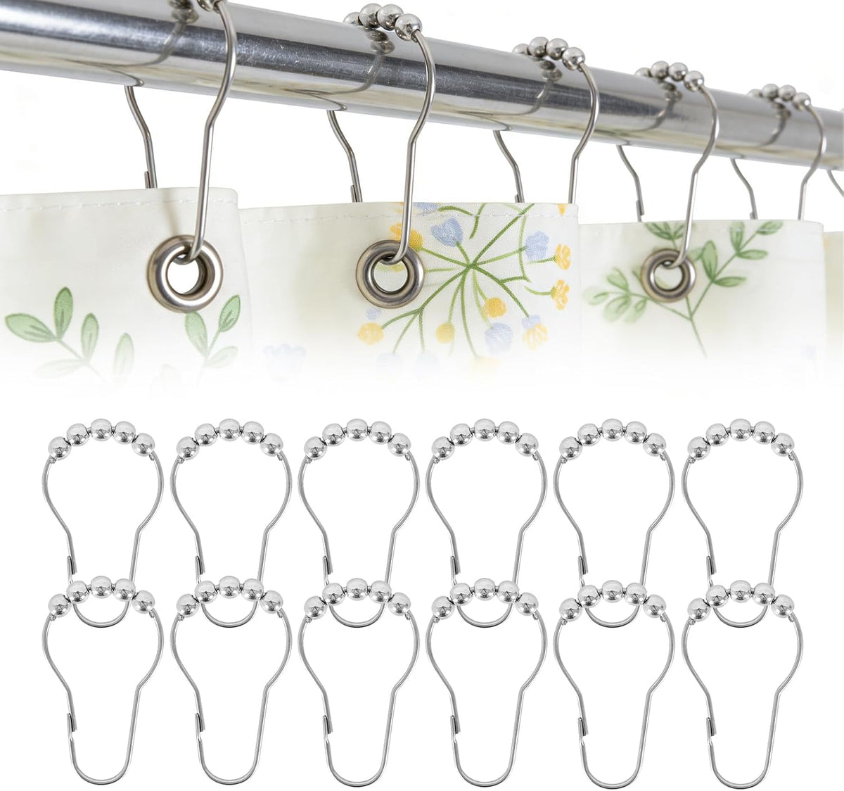 12 Shower Curtain Hooks, Rust-Resistant/Stainless Steel Material