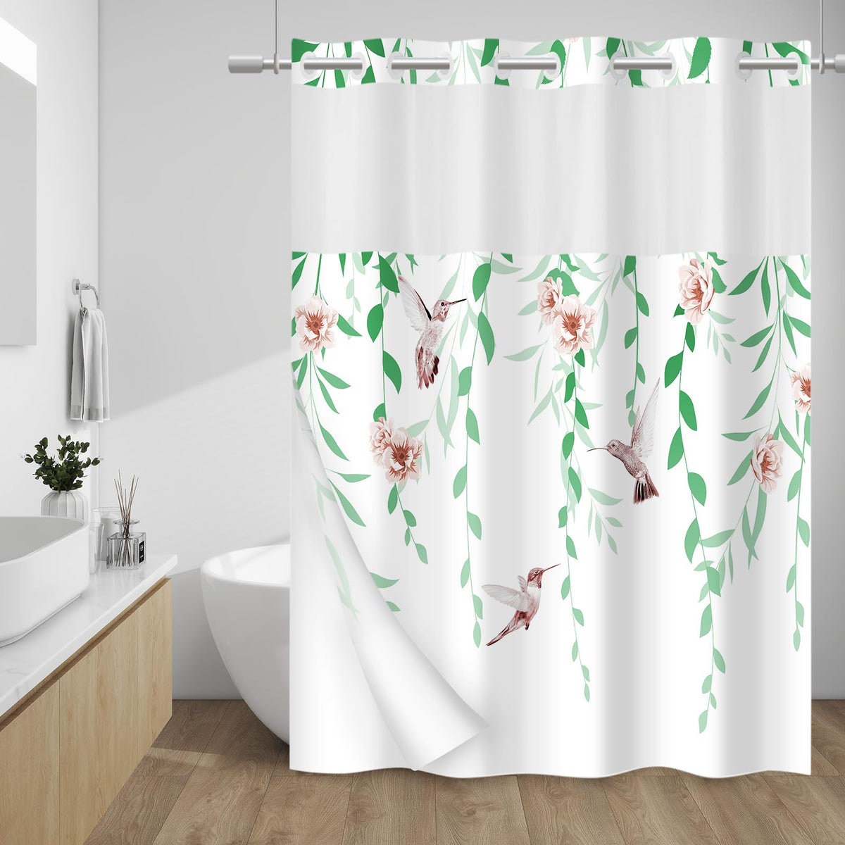 WITHLOC Hook Free Floral Shower Curtain with Liner, Blue Beige, 71x74