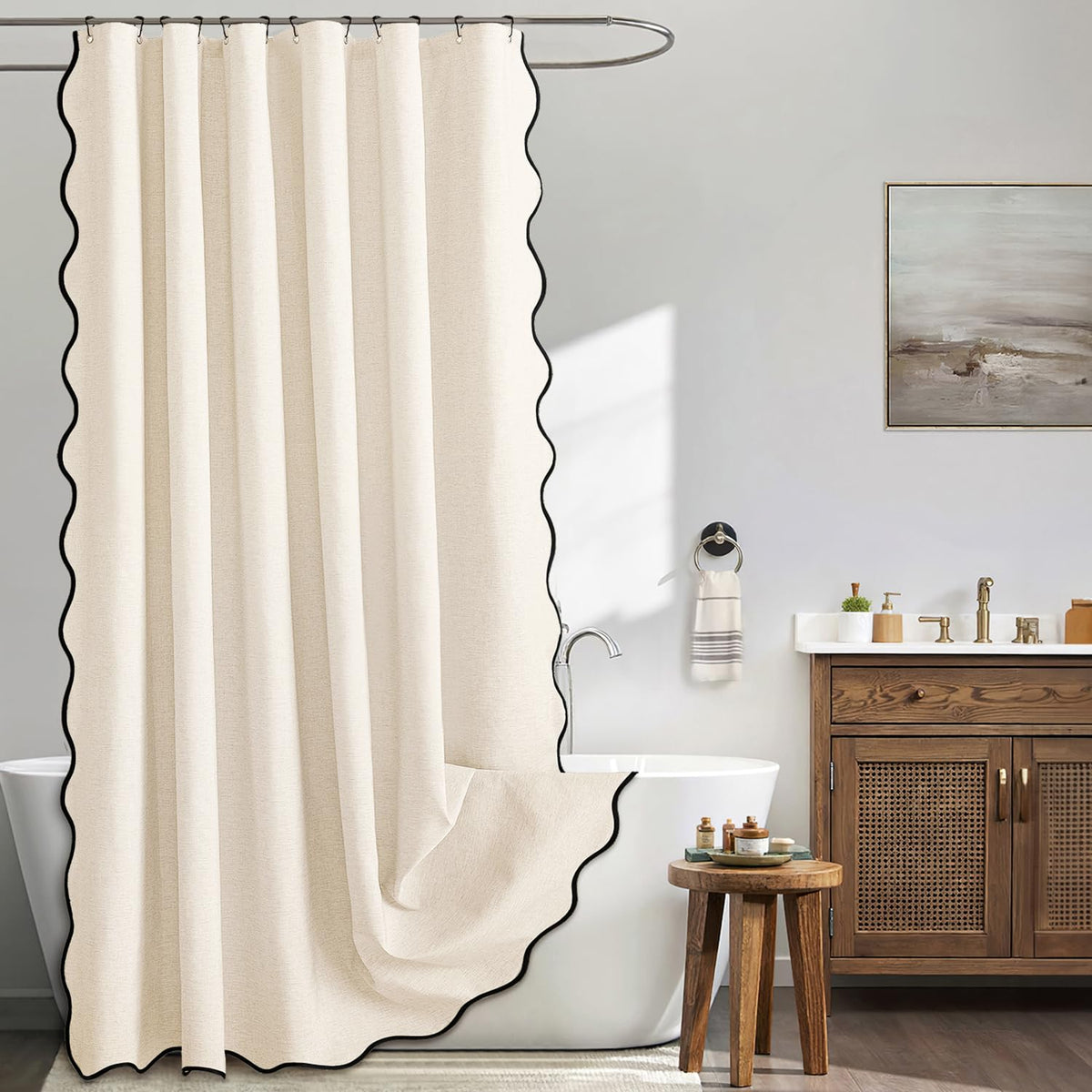 MIULEE Beige Scalloped Shower Curtain Linen Textured with 12 Metal Hooks Cute Heavy Duty Washable Waterproof Neutral Thick Cloth Shower Curtains with Black Border for Bathroom Bathtub,W72*L72 Cream