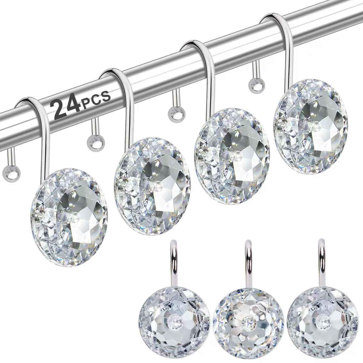 12PCS Shower Curtain Hooks Rings for Bathroom, Stainless Steel Metal Crystal Rhinestones Bling Rust Proof Shower Curtain Rings Hangers for Shower Curtain Decorative, Round Heavy Duty Hooks (Clear)