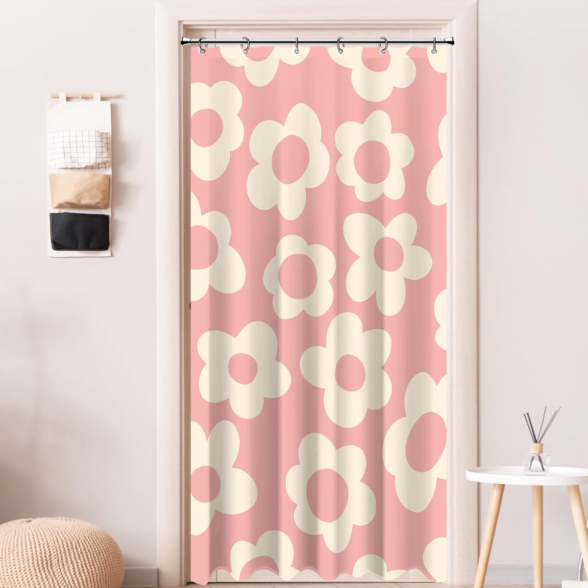 Black Cute Retro Floral Abstract 70s Aesthetic 72W*72H Inch Shower Curtain