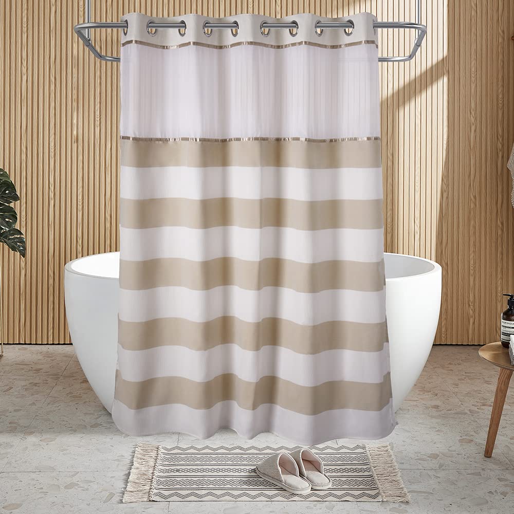 71“W x74”H Heavy Fabric Hook Free Shower Curtain with Polyester Magnet Snap-in Liner–Top See Through with Mesh Window Light Beige