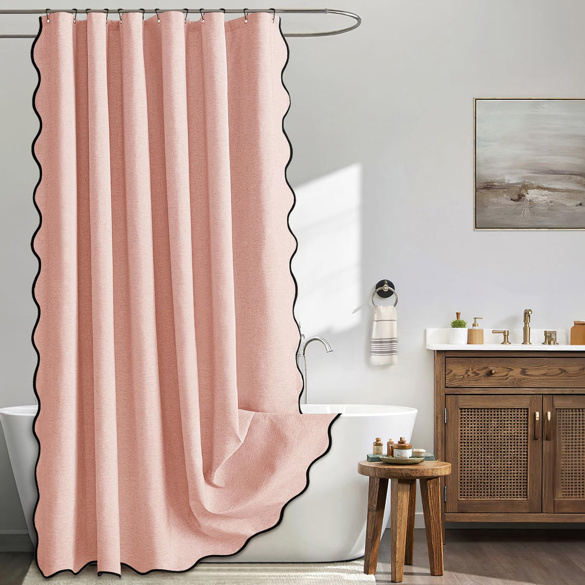 MIULEE Beige Scalloped Shower Curtain Linen Textured with 12 Metal Hooks Cute Heavy Duty Washable Waterproof Neutral Thick Cloth Shower Curtains with Black Border for Bathroom Bathtub,W72*L72 Cream