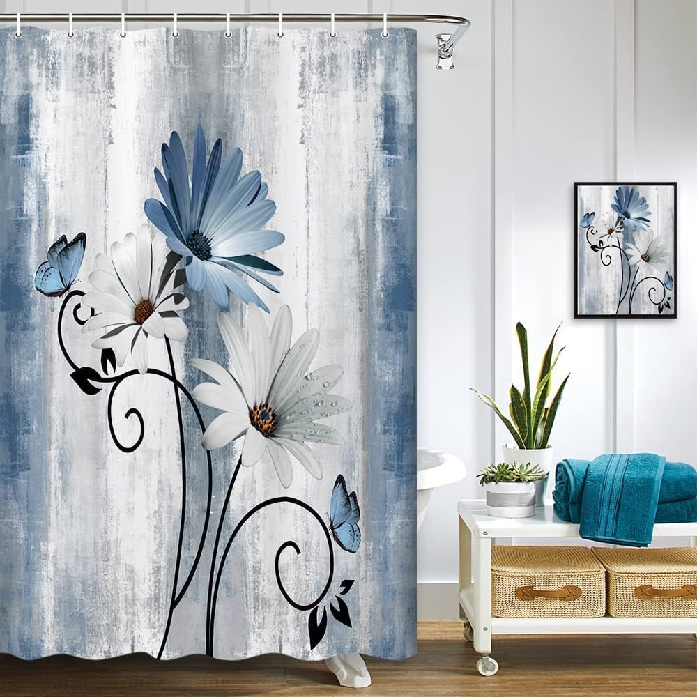 Rustic Farmhouse Shower Curtain, Farm Tan Cream Daisy Floral Flowers and Butterfly on Country Wooden Shower Curtains for Bathroom, Beige Brown Home Decor with 12PCS Hooks, 70X70IN
