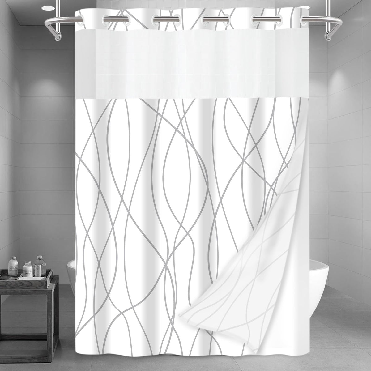 LXBNI Ringless Shower Curtain with Snap-in Liner, Gray White, 71 x 74 Inch
