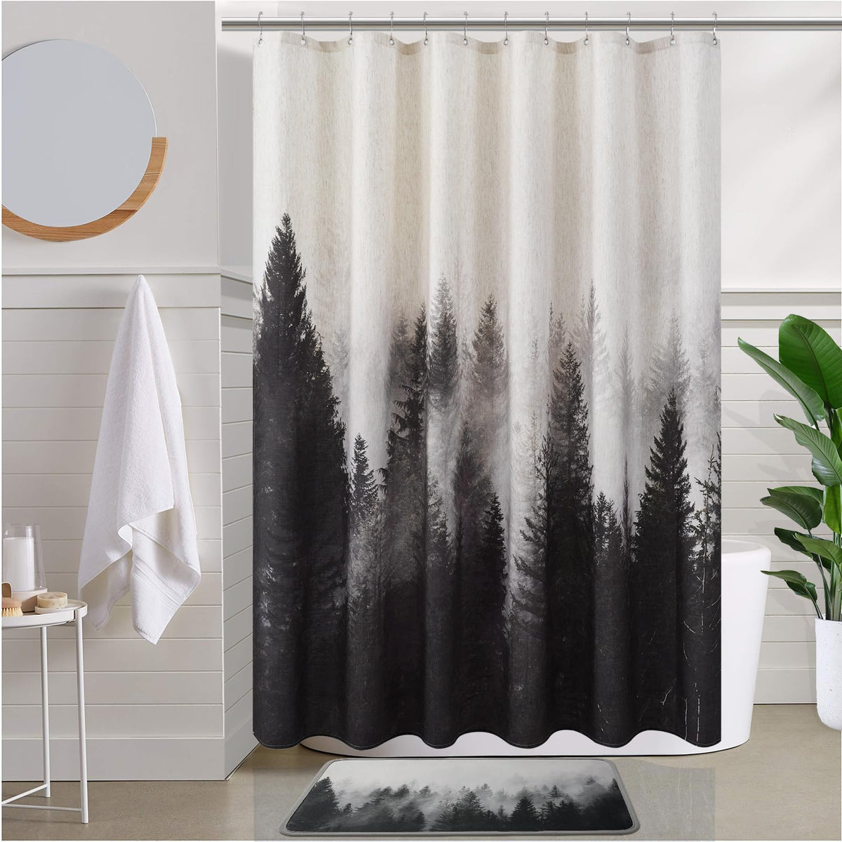 ORTIGIA Black and White Misty Forest Shower Curtain for Bathroom, Nature Woodland Curtain Set with Hooks, Decorative Pine Tree Fog Magic Bath Decor for Home Weighted, 72x72