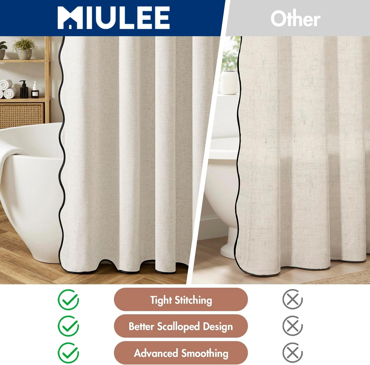 MIULEE Natural Scalloped Linen Shower Curtain 72W x 72L