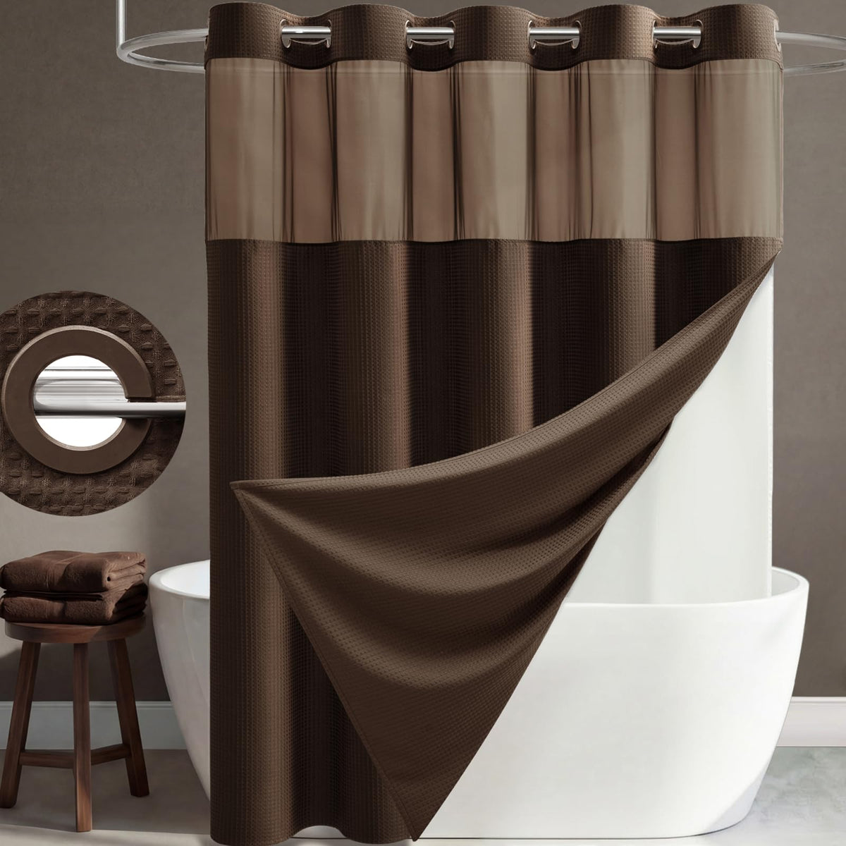 Dynamene Ringless Waffle Weave Fabric Shower Curtain Set, Black, 72"x75"