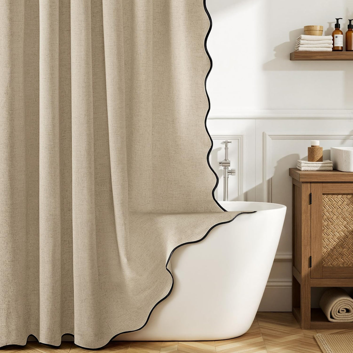 MIULEE Natural Scalloped Linen Shower Curtain 72W x 72L