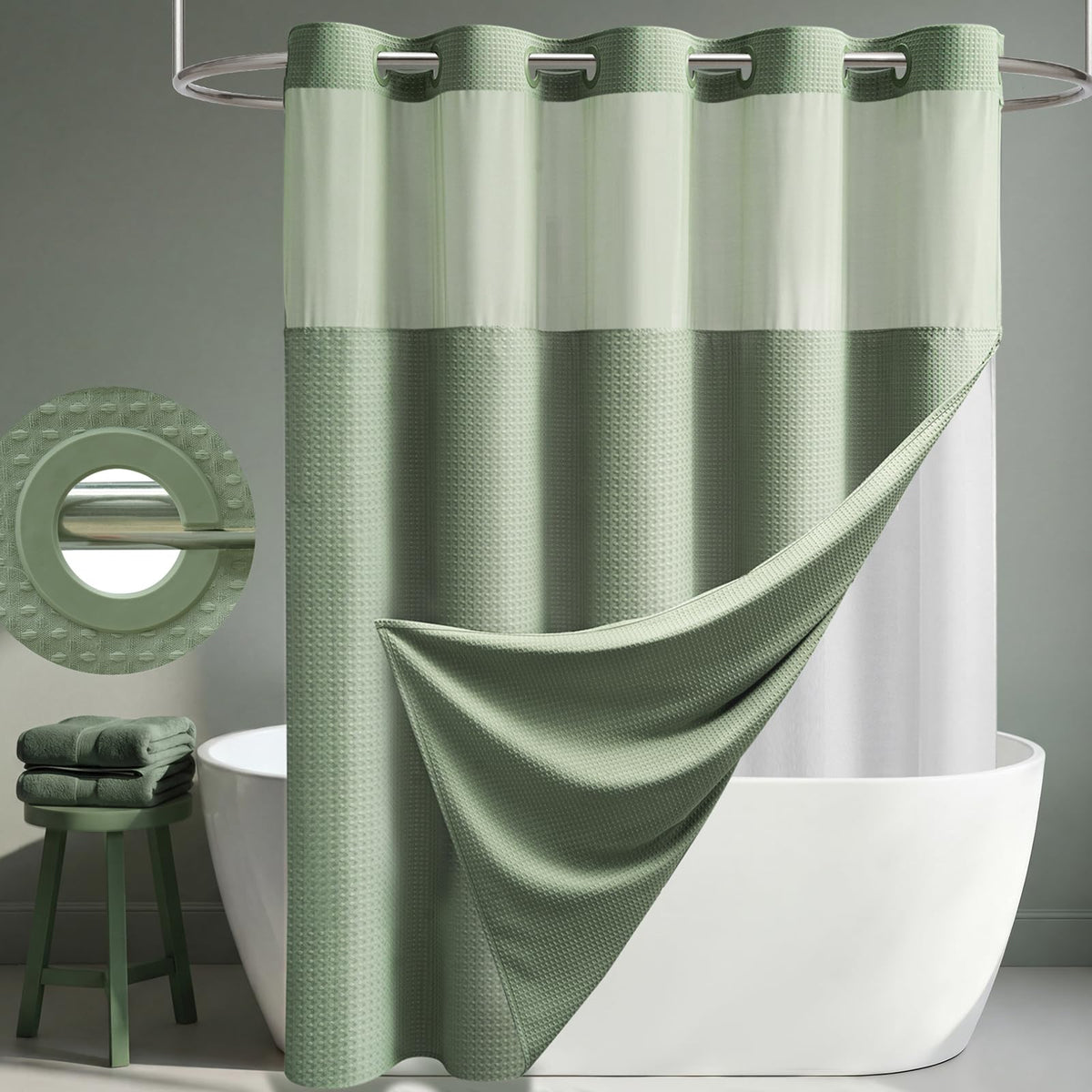 Dynamene Ringless Waffle Weave Fabric Shower Curtain Set, Black, 72"x75"