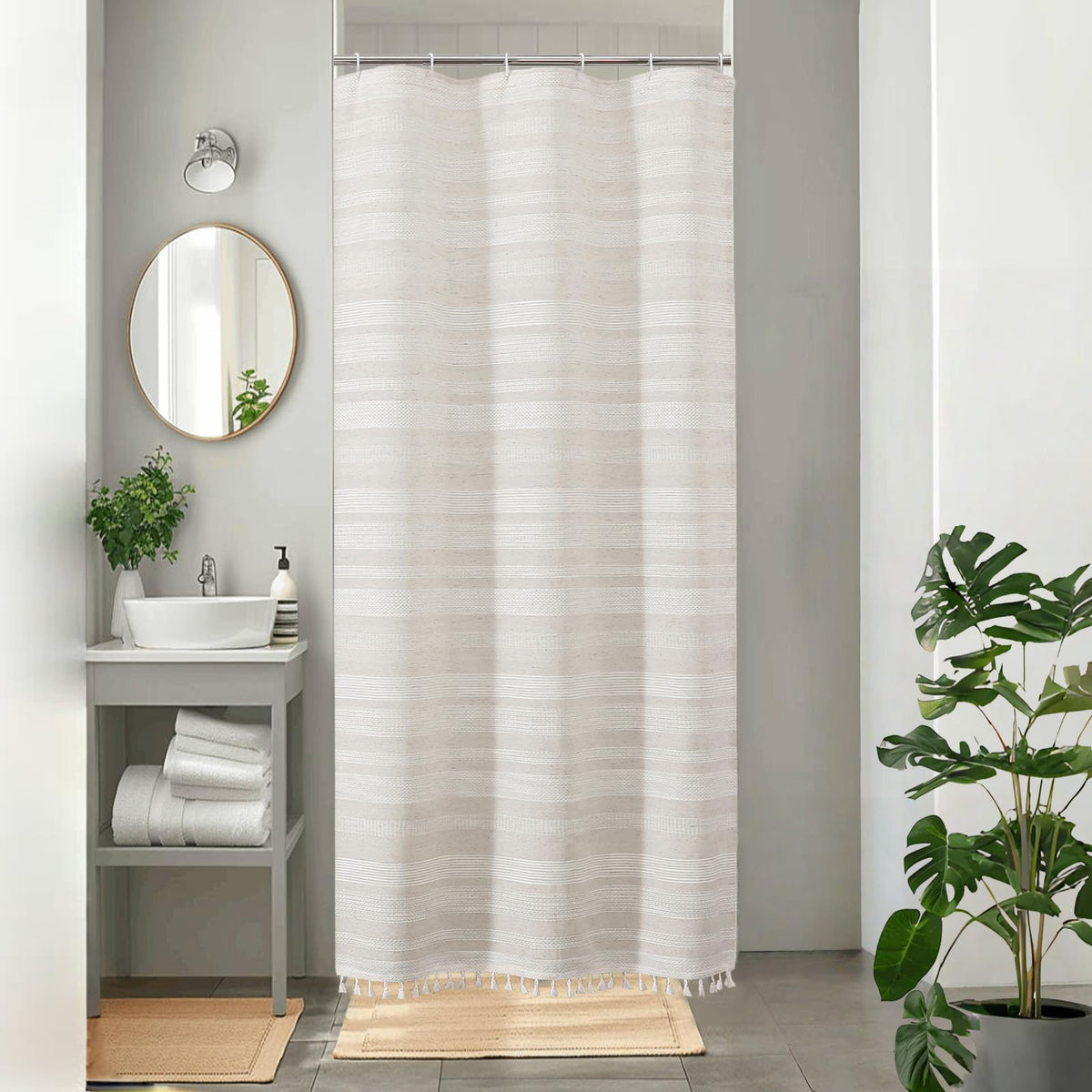OVZME Natural Linen Shower Curtain for Bathroom, Boho Farmhouse Rustic Striped Shower Curtain with Tassel, Textured Heavy Duty Vintage Country Bathroom Curtain, 72Wx72L Inches