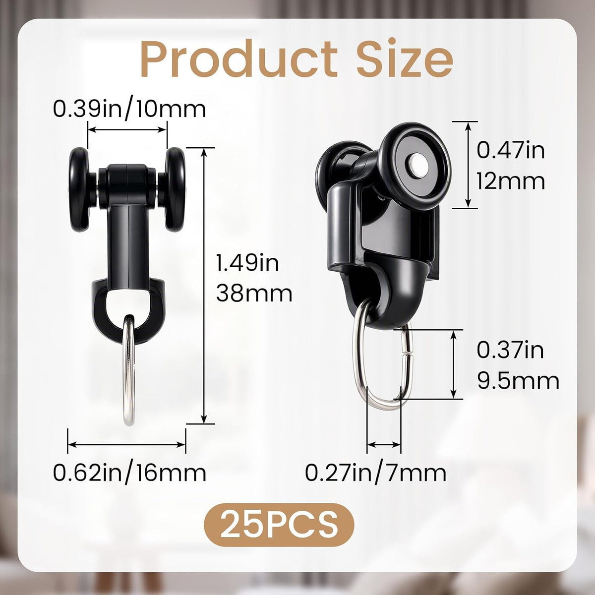 PAGOW 25pcs Curtain Track Rollers, Curtain Track Gliders with Ring, Black