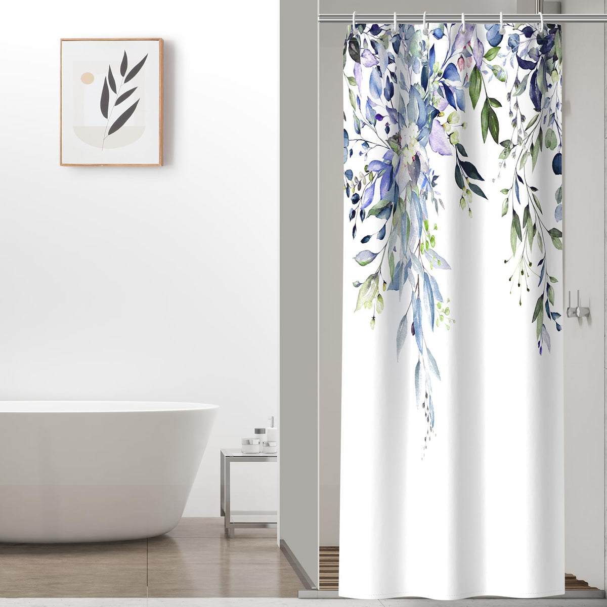 Colorful Star Grey Eucalyptus Floral Shower Curtain with Hooks, 72"W x 84"L