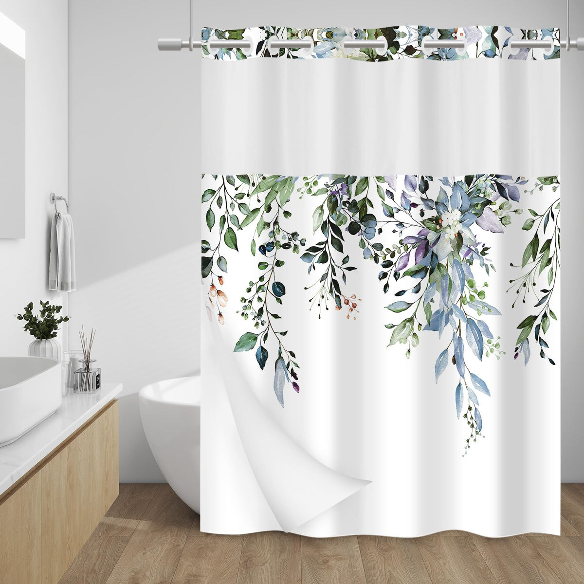 WITHLOC Hook Free Floral Shower Curtain with Liner, Blue Beige, 71x74