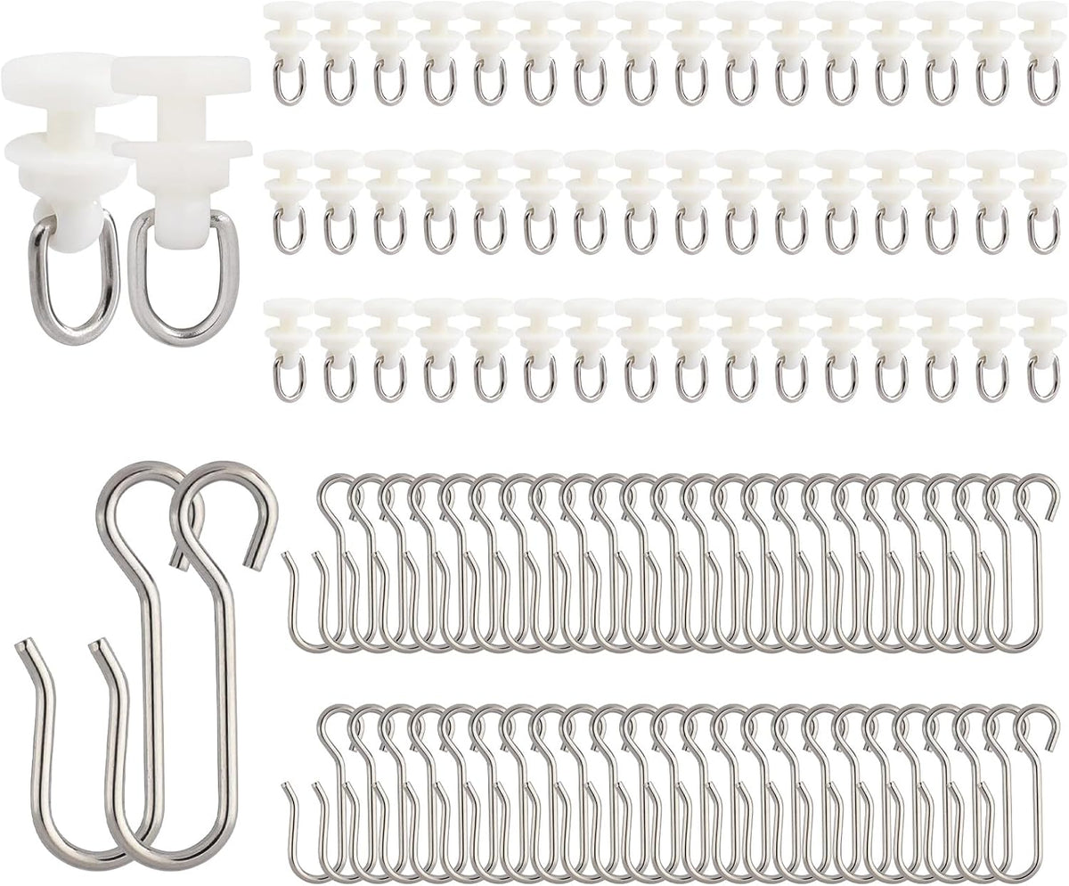 100 Pcs Curtain Track Gliders Hooks, 50 Pcs Plastic Curtain Track Glider and 50 Pcs Metal Curtain Track Hooks S Shaped for Shower Curtain, Curtain Track Rollers for Bendable Curtain Track Pulley