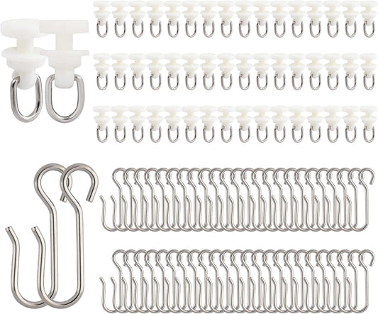 100 Pcs Curtain Track Gliders Hooks, 50 Pcs Plastic Curtain Track Glider and 50 Pcs Metal Curtain Track Hooks S Shaped for Shower Curtain, Curtain Track Rollers for Bendable Curtain Track Pulley