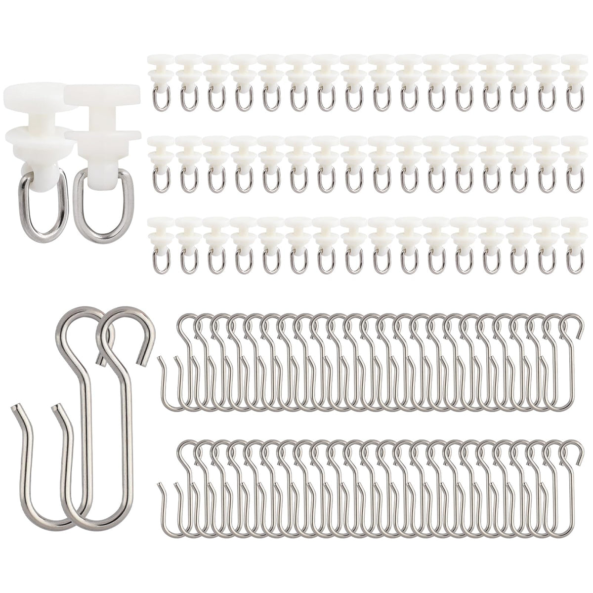 100 Pcs Curtain Track Gliders Hooks, 50 Pcs Plastic Curtain Track Glider and 50 Pcs Metal Curtain Track Hooks S Shaped for Shower Curtain, Curtain Track Rollers for Bendable Curtain Track Pulley