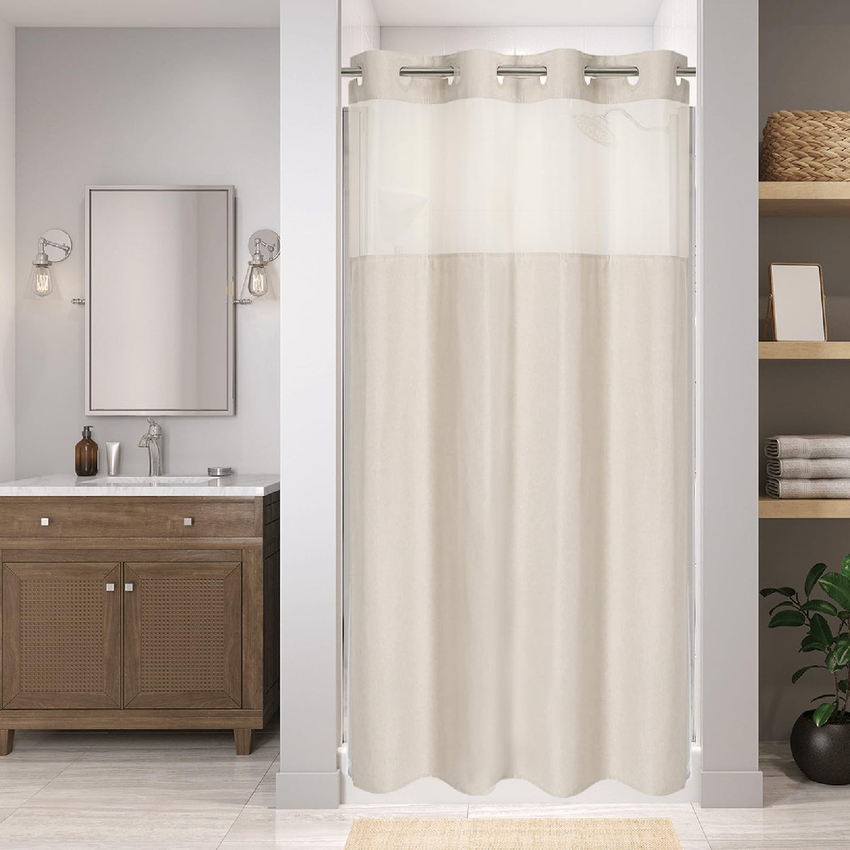 Eachope No Hooks Polyester Textured Shower Curtain with Snap-in Fabric Liner Set, Hotel Luxury Decor Shower Curtains for Bathroom with See Through Top Window, Waterproof & Washable, 71Wx74H, Cream