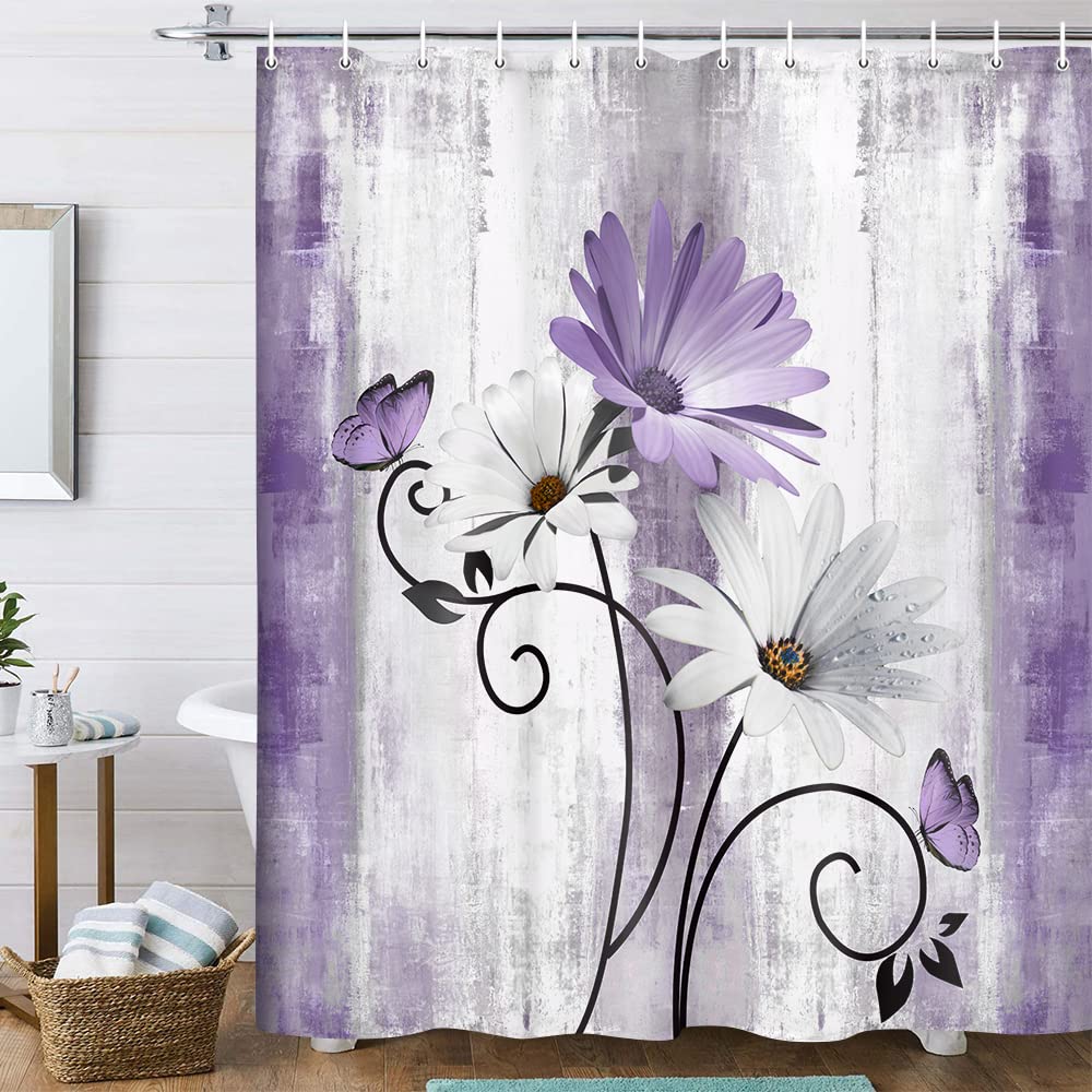 Rustic Farmhouse Shower Curtain, Farm Tan Cream Daisy Floral Flowers and Butterfly on Country Wooden Shower Curtains for Bathroom, Beige Brown Home Decor with 12PCS Hooks, 70X70IN