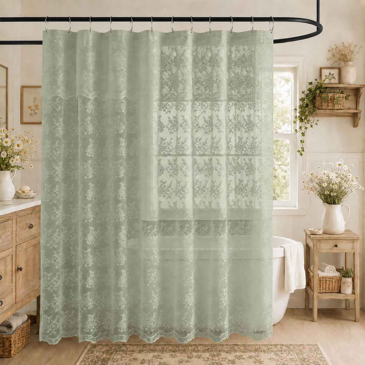 TUDECO Pink Lace Shower Curtain with Attached Valance, 72x72 Inch, 1 Panel