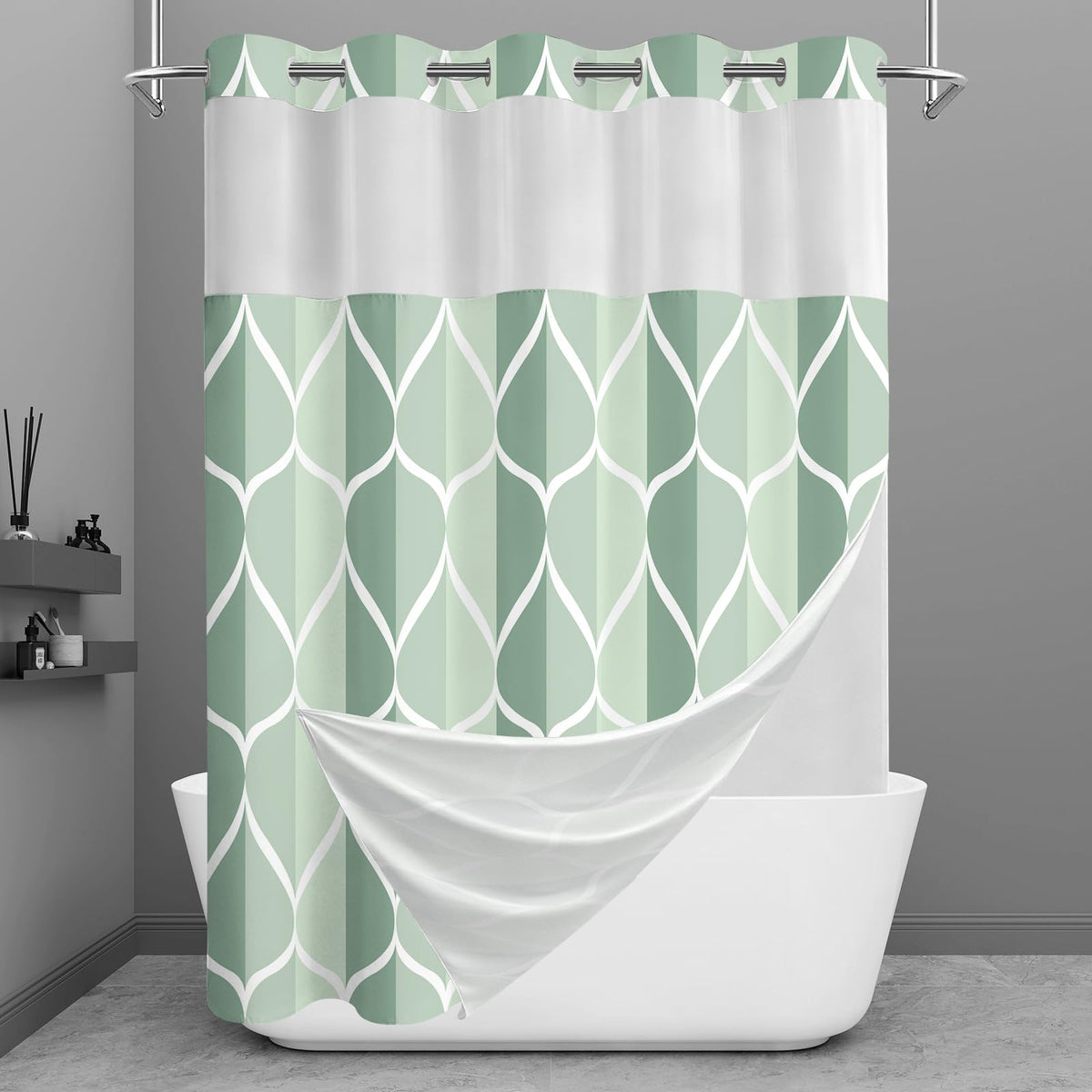 Yiatn Gray Ringless Shower Curtain with Snap-in Liner, 71 x 74 Inch