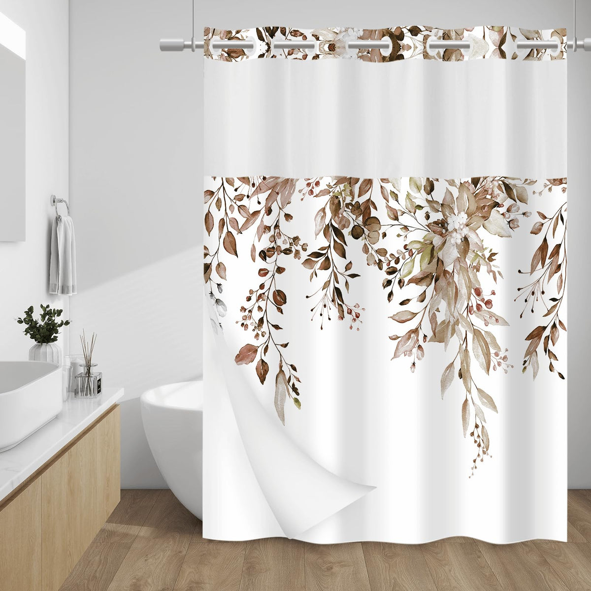 WITHLOC Hook Free Floral Shower Curtain with Liner, Blue Beige, 71x74