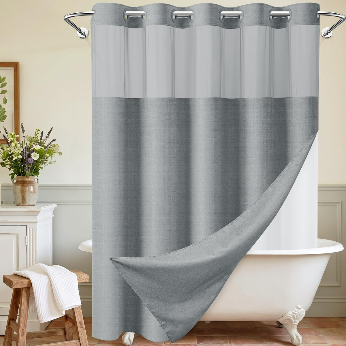 WONICY Hook-Free Shower Curtain with Snap-in Liner, Cream, 71 x 74