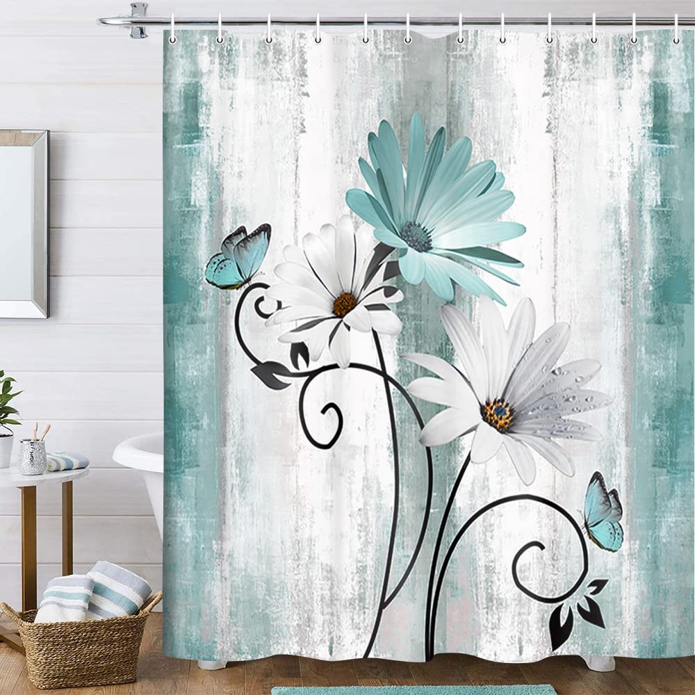 Rustic Farmhouse Shower Curtain, Farm Tan Cream Daisy Floral Flowers and Butterfly on Country Wooden Shower Curtains for Bathroom, Beige Brown Home Decor with 12PCS Hooks, 70X70IN