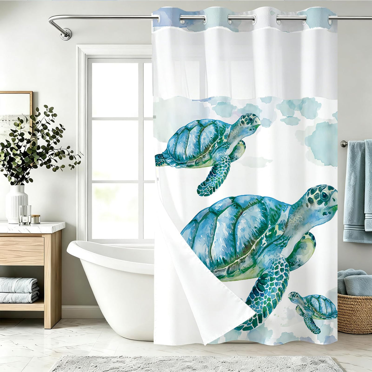 Nautical Green Sea Turtles Beach Theme Fabric Shower Curtain Sets Bathroom Blue Ocean Decor with Grommets and Hooks - 72 x 72 Inch Teal