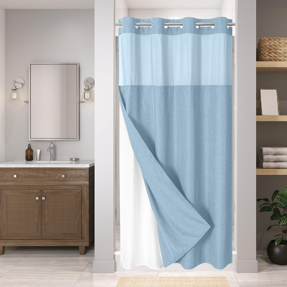 Eachope No Hooks Polyester Textured Shower Curtain with Snap-in Fabric Liner Set, Hotel Luxury Decor Shower Curtains for Bathroom with See Through Top Window, Waterproof & Washable, 71Wx74H, Cream