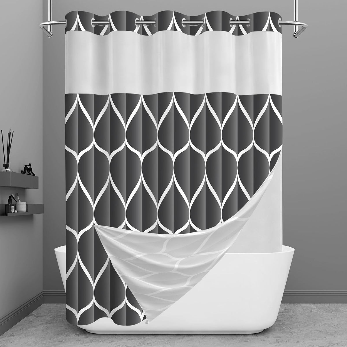 Yiatn Gray Ringless Shower Curtain with Snap-in Liner, 71 x 74 Inch