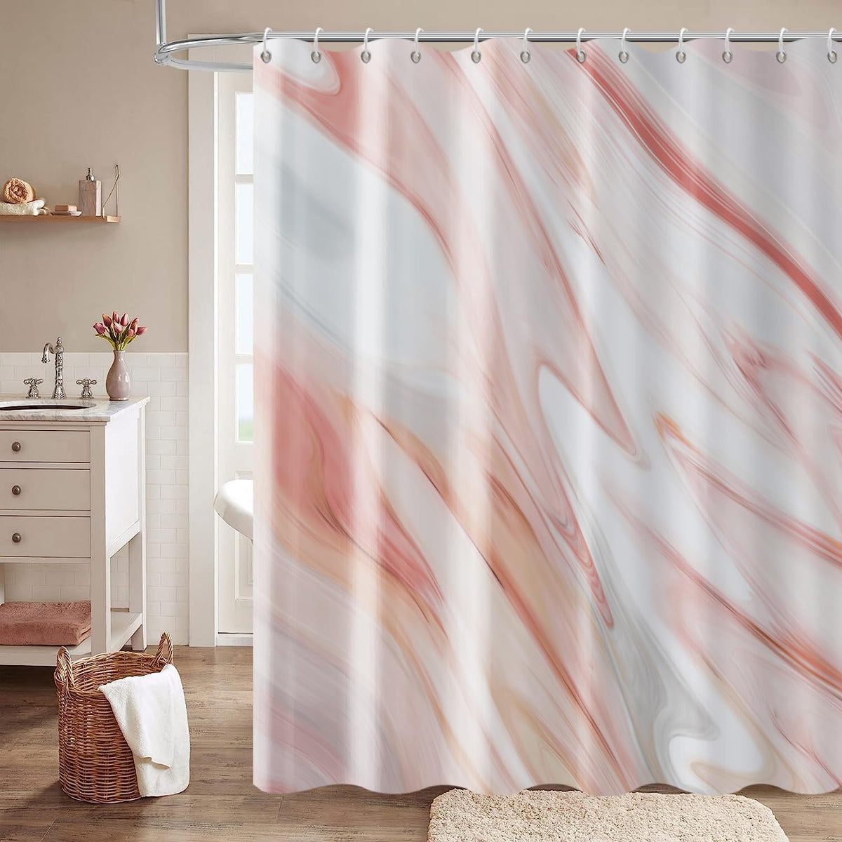 Brown Marble Shower Curtain, Grey Brown Modern Abstract Wave Luxury Bathroom Curtain Bathtub Home Decor Waterproof Fabric Machine Washable with 12 PCS Hooks,72" Wx72 L