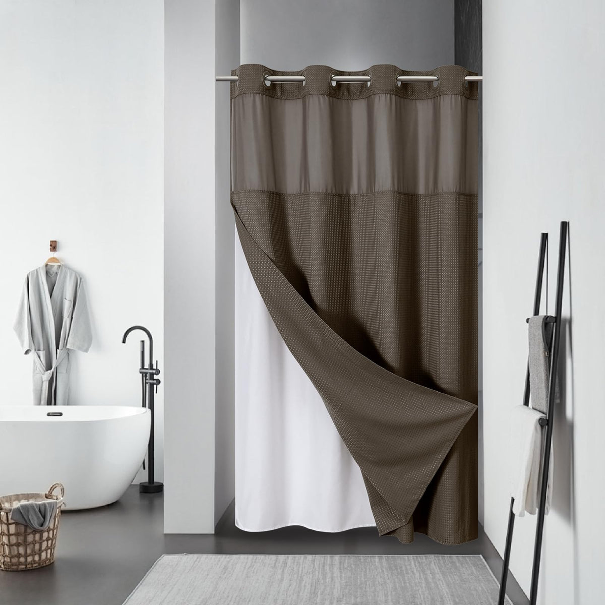 eachope No Hook Waffle Shower Curtain with Snap-in Liner, 71x74 Inch, Grey